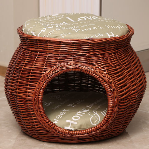 Wicker Cat House Basket with Washable Cushion for Indoor Cats and Dogs, Rattan Cat Bed-LargePaintingArt.com