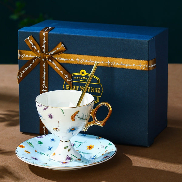 Elegant British Ceramic Coffee Cup with Saucer, 6.8 oz Tea Cup and Saucer Set in Gift Box, Floral Porcelain Tea Cup and Saucer Set, Flower Ceramic Tea Cup and Saucer-LargePaintingArt.com