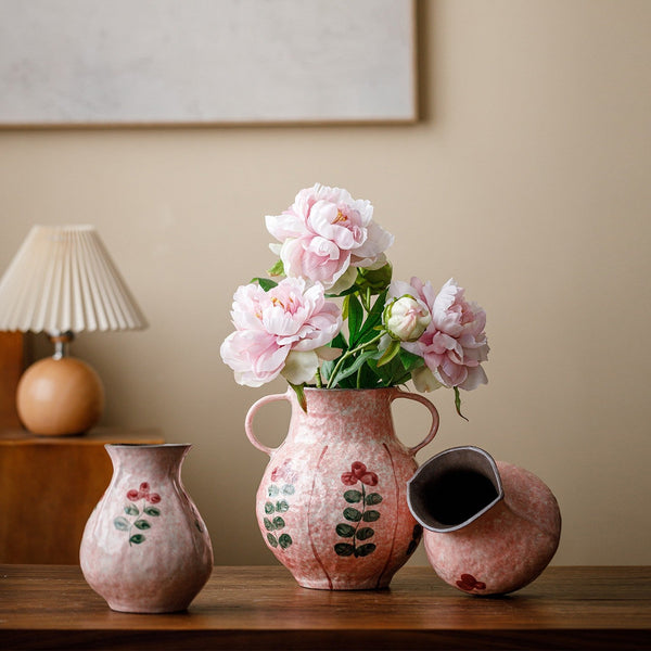 Rustic Pottery Flower Vases, Small Flower Vases on Table, Pink Bud Vases, Handmade Water Holding Flower Vases-LargePaintingArt.com