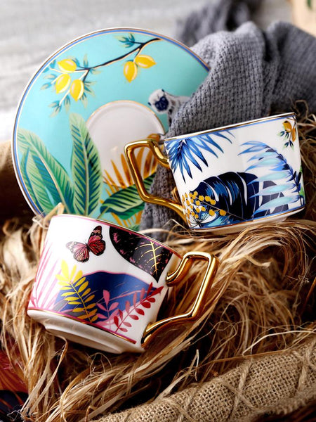 Handmade Coffee Cups with Gold Trim and Gift Box, 7.4 oz Tea Cup and Saucer, Jungle Tiger Porcelain Coffee Cups-LargePaintingArt.com