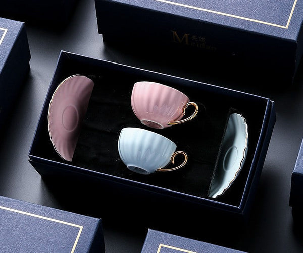 Beautiful British Tea Cups, Creative Porcelain Tea Cup Saucer Set of 2 Cups, Elegant Macaroon Ceramic Coffee Cups, 6.8 oz Tea Cup and Saucer in Gift Box as Birthday Gift-LargePaintingArt.com