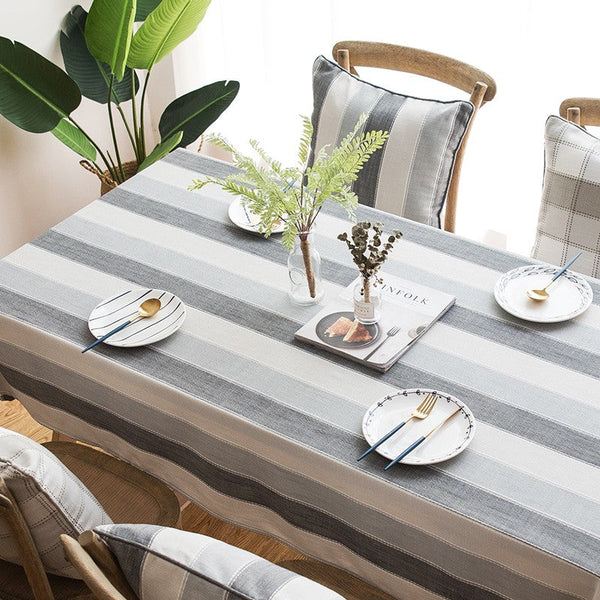 Gray Stripe Rectangular Tablecloth for Oval Table, Rectangular Table Covers for Coffee Table, Modern Table Cloths for Dining Room, Cotton and Linen Tablecloths-LargePaintingArt.com