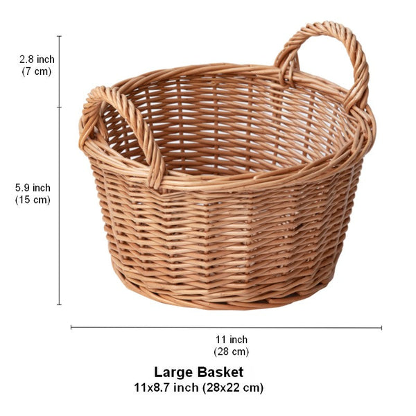 Large Picnic Fruit Basket with Handle, Natural Hand-woven Wicker Round Storage Basket, Lovely Willow Weaving Baskets for Vegetable, Natural Fruit Storage Basket, Kitchen Storage Baskets-LargePaintingArt.com