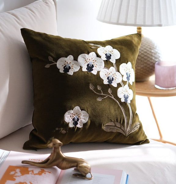 Large Decorative Pillows for Couch, Dark Olive Green Embroidered Moth Orchid Cushion, Decorative Pillow Arrangement Ideas for Couch, Living Room Decorative Pillows, Modern Throw Pillows for Bedroom-LargePaintingArt.com