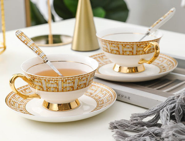 Porcelain Tea Cup Set for Office, Yellow Ceramic Cups, Elegant British Ceramic Coffee Cups, 6.8 oz Tea Cup and Saucer in Gift Box-LargePaintingArt.com