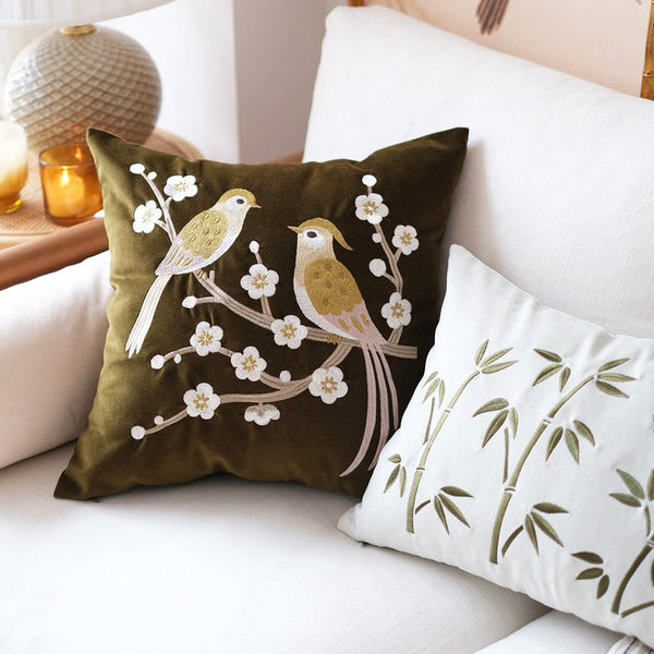 Embroidered birds cushion, Decorative Pillows for Couch, Vintage Decorative Pillows, Modern Throw Pillows for Bedroom, Decorative Pillow Arrangement Ideas for Couch-LargePaintingArt.com