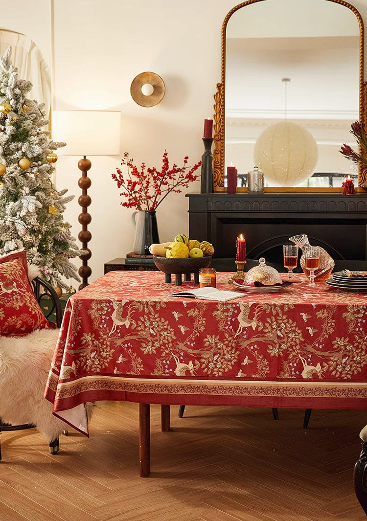 Long Modern Rectangular Tablecloth for Dining Room Table, Forest Deer Red Table Covers, Square Tablecloth for Kitchen, Extra Large Tablecloth for Round Table-LargePaintingArt.com
