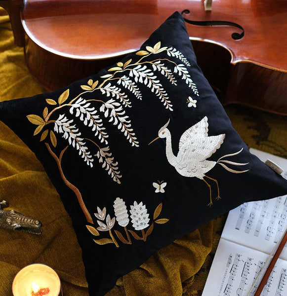 Decorative Pillow Arrangement Ideas for Bed, Embroidered Egret Cushion, Vintage Decorative Pillows, Luxury Decorative Pillows for Couch, Modern Throw Pillows for Couch-LargePaintingArt.com