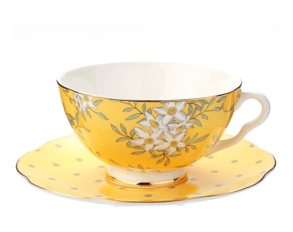 Creative Yellow Ceramic Coffee Cups, Unique Flower Coffee Cup and Saucer, Beautiful British Tea Cups, Creative Porcelain Tea Cup Set-LargePaintingArt.com