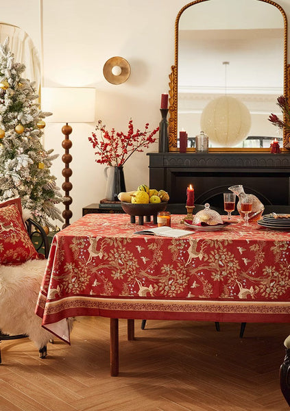 Forest Deer Red Table Covers, Square Tablecloth for Kitchen, Long Modern Rectangular Tablecloth for Dining Room Table, Extra Large Tablecloth for Round Table-LargePaintingArt.com