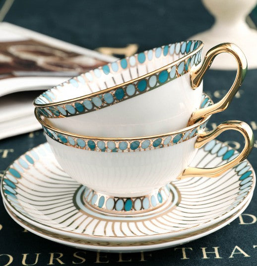 Unique Tea Cup and Saucer in Gift Box, 8 oz British Ceramic Coffee Cups, Porcelain Tea Cup Set for Office, Green Ceramic Cups-LargePaintingArt.com
