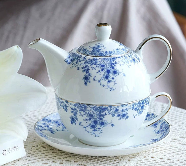 Mother and Baby Teapot with Matching Saucer British Style Porcelain Teapot with Matching Cup and Saucer in Gift Box, Ceramic Tea Pot with Integrated Cup, Stackable Teapot and Cup Set-LargePaintingArt.com