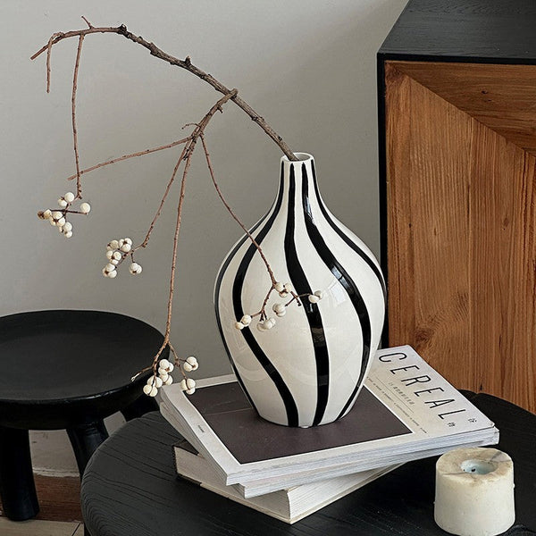 Porcelain Flower Vases, Modern Flower Vases on Table, Water Holding Flower Vases, Black and White Striped Ceramic Vase-LargePaintingArt.com