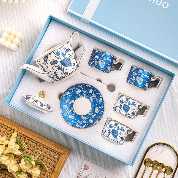 Unique British Traditional Afternoon Tea Cup Set with Teapot, 8 oz Ceramic Coffee Cup with Saucer Set of 4 cups in Gift Box, Blue Porcelain Tea Cup and Saucer Set-LargePaintingArt.com