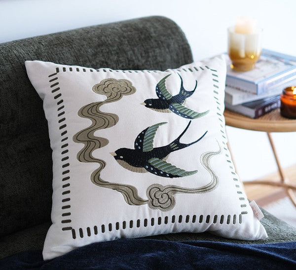 Luxury Decorative Pillows for Couch, Modern Throw Pillows for Couch, Vintage Decorative Pillows, Embroidered Swallow Birds Cushion, Decorative Pillow Arrangement Ideas for Bed-LargePaintingArt.com