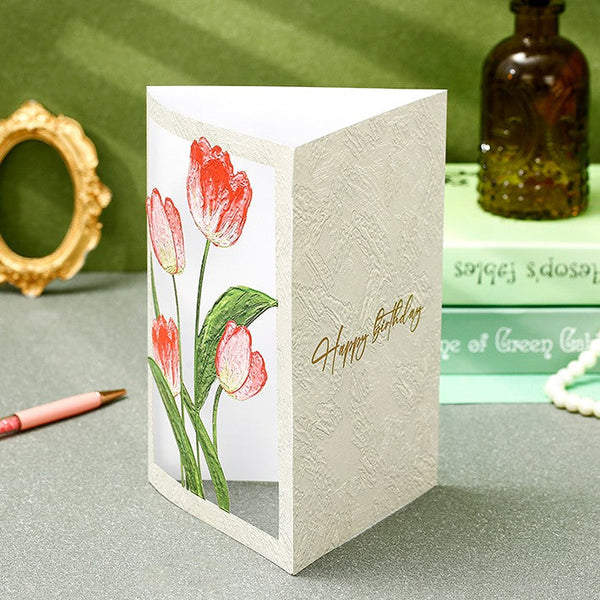 Creative Birthday Greeting Card, Tulip Flower Greeting Cards, Beautiful Greeting Cards to Friends, Original Handmade Greeting Cards-LargePaintingArt.com