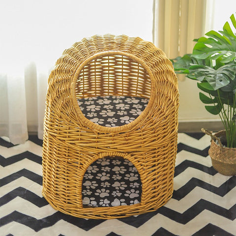 Large Double-Layer Cat Bed, Wicker Cat House Basket with Washable Cushion for Indoor Cats and Dogs-LargePaintingArt.com