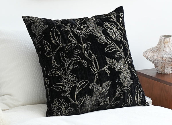 Contemporary Modern Sofa Pillows, Black Embroidery Flower Pattern Pillows for Couch, Decorative Throw Pillows for Bedroom, Large Modern Sofa Pillow for Dining Room-LargePaintingArt.com