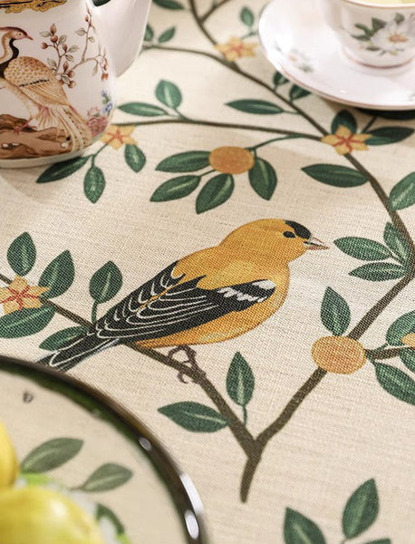 Rectangle Tablecloth for Dining Table, Oriole and Golden Orange Tree Table Cover, Extra Large Modern Tablecloth, Square Linen Tablecloth for Coffee Table-LargePaintingArt.com