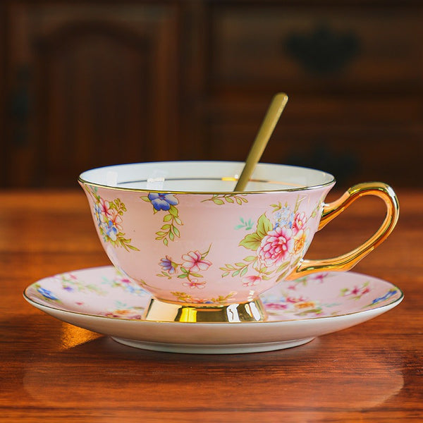 Traditional English Tea Cup and Saucer Set, Ceramic Coffee Cup with Saucer, Floral Porcelain Tea Cup and Saucer Set, Afternoon British Tea Cup with Saucer-LargePaintingArt.com