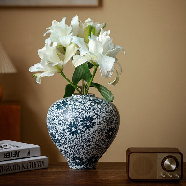 Centerpiece on Dining Table, Large Blue Flower Vase on Table, Vintage Bouquet Flower Vases, Handmade Porcelain Flower Vases Urn, Water Holding Flower Vases-LargePaintingArt.com