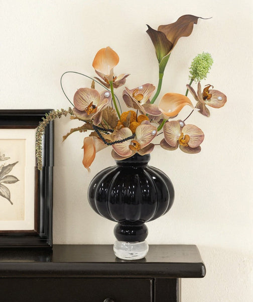 Unique Contemporary Vases for Modern Home Decor, Black Glass Bud Vases, Handmade Liuli Vases, Centerpiece Vases on Table, Black Glaze Vase-LargePaintingArt.com