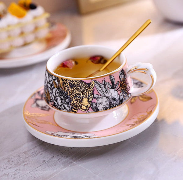 Jungle Tiger Cheetah Porcelain Tea Cups, Creative Ceramic Cup and Saucer, Unique Ceramic Coffee Cups with Gold Trim and Gift Box-LargePaintingArt.com