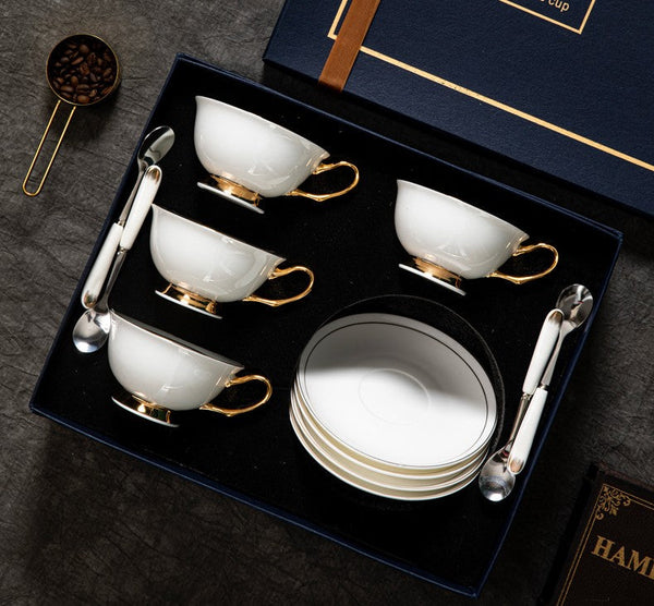 White Ceramic Cups, Elegant British Ceramic Coffee Cups, 7.8 oz Porcelain Tea Cup Saucer Set, Unique Tea Cup and Saucer in Gift Box-LargePaintingArt.com