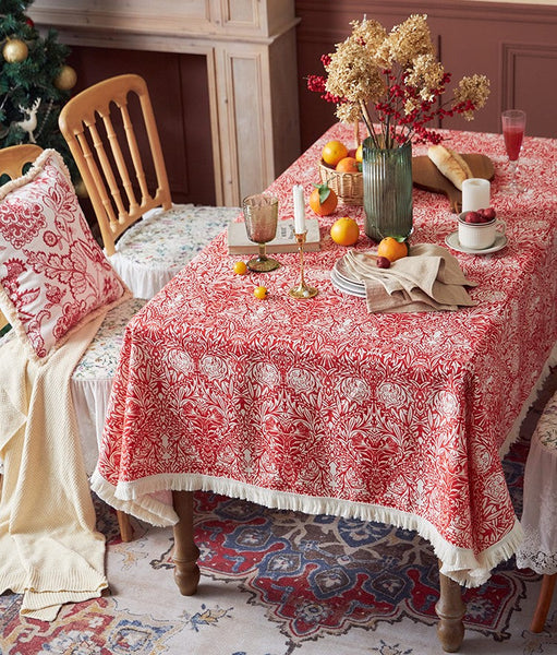 Large Fiberflax Rectangle Tablecloth for Home Decoration, Red Flower Pattern Tablecloth for Holiday Decoration, Square Tablecloth for Round Table-LargePaintingArt.com