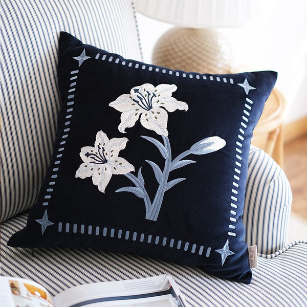 Dark Blue Lily Embroidered Cushion, Living Room Decorative Pillows, Decorative Pillow Arrangement Ideas for Couch, Large Decorative Pillows for Couch, Modern Throw Pillows for Bedroom-LargePaintingArt.com
