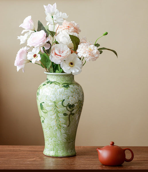 Large Flower Vases on Table, Green Porcelain Flower Vases, Centerpiece Ceramic Bud Vases, Handmade Water Holding Flower Vase-LargePaintingArt.com