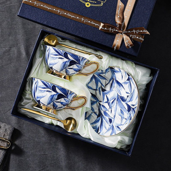 Unique British Tea Cup and Saucer in Gift Box, Blue Porcelain Tea Cup Saucer Set, 7.4 oz British Ceramic Coffee Cups-LargePaintingArt.com