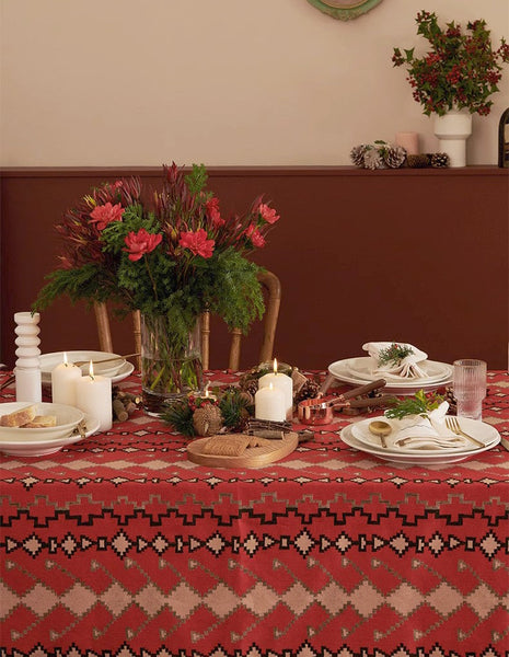 Red Christmas Holiday Tablecloth for Oval Table, Large Modern Rectangle Tablecloth for Dining Room Table, Square Table Covers for Kitchen, Farmhouse Table Cloth for Round Table-LargePaintingArt.com