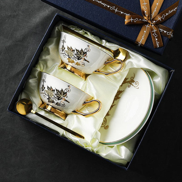 Elegant British Ceramic Coffee Cups, 7.4 oz Golden Leaves and Grapes Porcelain Tea Cup Saucer Set, Unique British Tea Cup and Saucer in Gift Box-LargePaintingArt.com