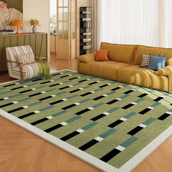 Mid Century Modern Rugs, Green Geometric Contemporary Rugs, Modern Living Room Rug Ideas, Colorful Area Rugs for Dining Room-LargePaintingArt.com