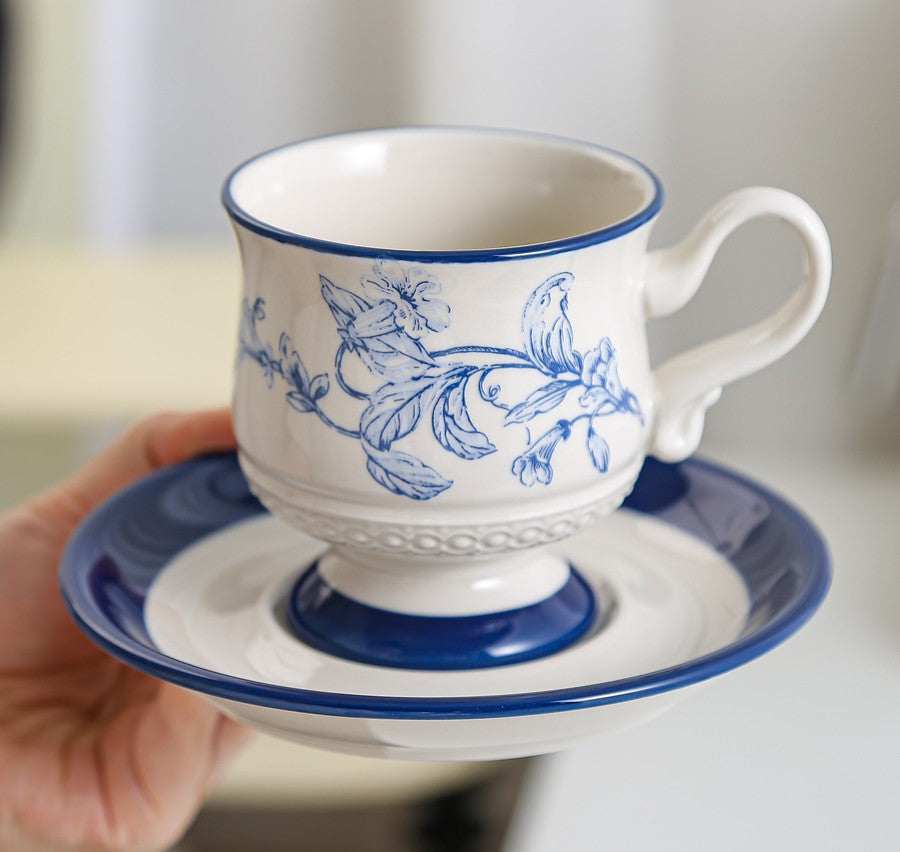 Creative Blue Coffee Cup and Saucer, Elegant Ceramic Cups for Afternoon Tea, Creative Porcelain Tea Cup Set, Beautiful British Tea Cups-LargePaintingArt.com