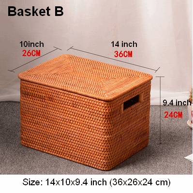 Rectangular Storage Basket with Lid, Rattan Storage Baskets for Shelves, Kitchen Storage Baskets, Storage Baskets for Clothes, Laundry Woven Baskets-LargePaintingArt.com