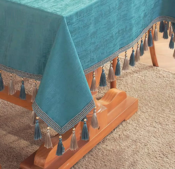 Green Fringes Tablecloth for Home Decoration, Square Tablecloth for Round Table, Modern Rectangle Tablecloth, Large Simple Table Cloth for Dining Room Table-LargePaintingArt.com