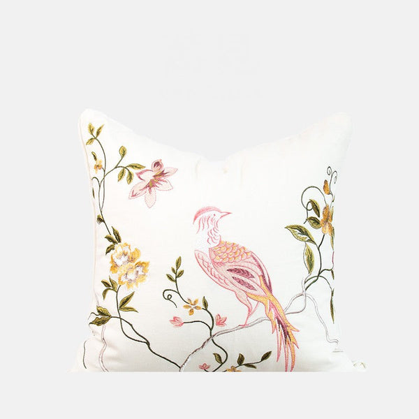 Decorative Pillows for Bed, Living Room Decorative Pillows, Modern Decorative Cushions, Decorative Pillow Arrangement Ideas for Interior Design, Embroidered Floral Bird Pattern Pillow Covers-LargePaintingArt.com