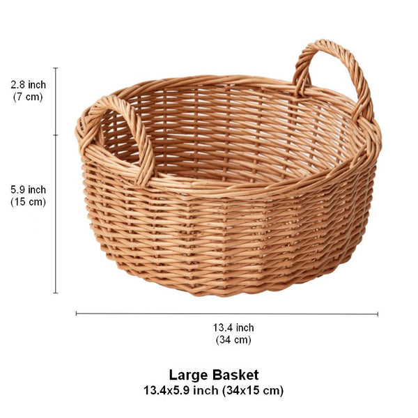 Picnic Fruit Basket with Handle, Kitchen Storage Baskets, Natural Hand-woven Wicker Round Storage Basket, Lovely Willow Weaving Baskets for Vegetable, Natural Fruit Storage Basket-LargePaintingArt.com