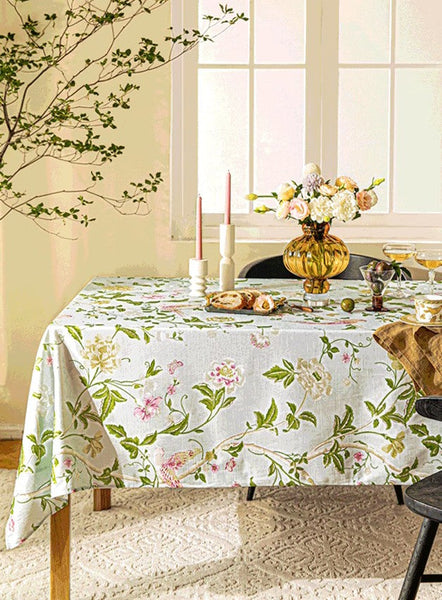 Singing Bird Tablecloth for Round Table, Kitchen Table Cover, Flower Table Cover for Dining Room Table, Modern Rectangle Tablecloth Ideas for Oval Table-LargePaintingArt.com