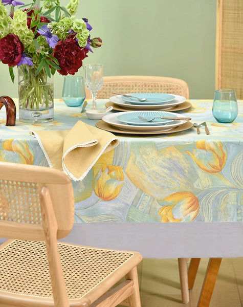 Country Farmhouse Tablecloth, Extra Large Rectangle Tablecloth for Dining Room Table, Tulip Flowers Rustic Table Covers for Kitchen, Square Tablecloth for Round Table-LargePaintingArt.com