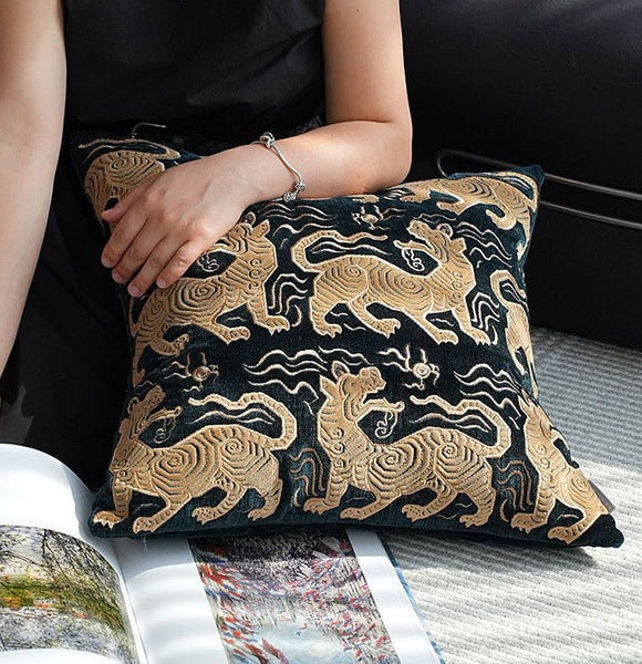 Embroidery Tiger Pattern Pillows for Couch, Contemporary Modern Sofa Pillows, Decorative Throw Pillows for Bedroom, Large Modern Sofa Pillow for Living Room-LargePaintingArt.com