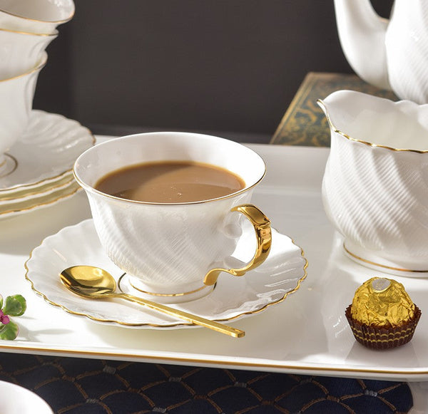 White Porcelain Tea Cup Saucer Set, 8 oz British Tea Cup and Saucer in Gift Box, Unique British Ceramic Coffee Cups for Traditional Afternoon Tea-LargePaintingArt.com