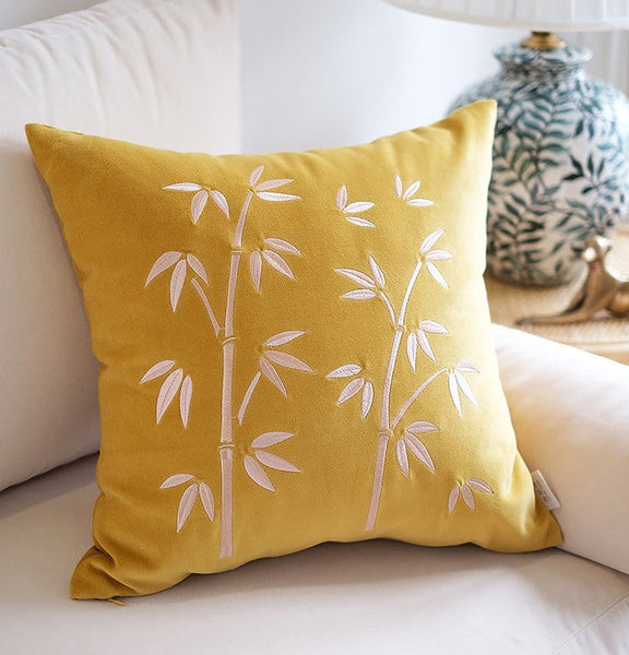 Large Decorative Pillows for Couch, Modern Throw Pillows for Bedroom, Living Room Decorative Pillows, Yellow Embroidered Bamboo Cushion, Decorative Pillow Arrangement Ideas for Couch-LargePaintingArt.com
