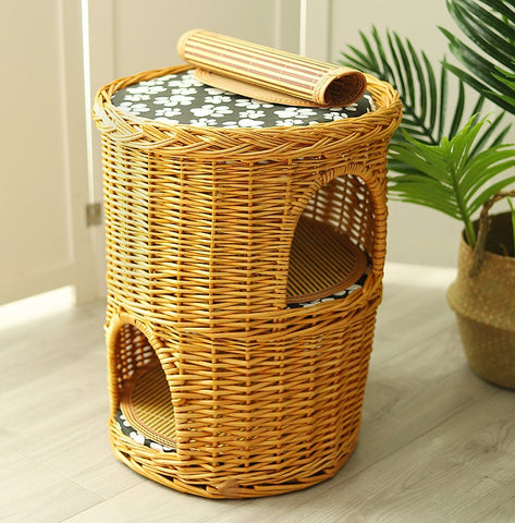 Triple-Layer Cat Bed, Large Cat House Basket with Washable Cushion for Indoor Cats and Dogs-LargePaintingArt.com