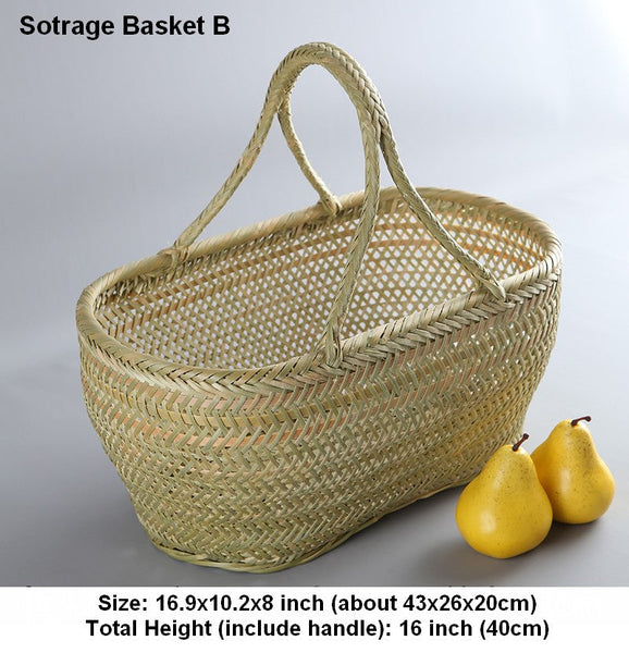 Natural Fruit Basket Kitchen Storage Baskets, Lovely Bamboo Baskets for Vegetable, Picnic Food Basket with Handle, Large Natural Hand-woven Bamboo Basket-LargePaintingArt.com