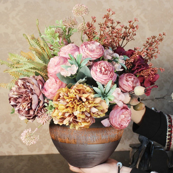 Beautiful Artificial Floral Arrangement for Bedroom, Large Bunch of Peony Flowers Arrangement, Real Touch Faux Silk Floral Bouquet Table Centerpiece-LargePaintingArt.com