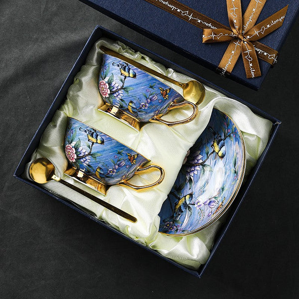 Blue Bird and Butterfly Porcelain Tea Cup Saucer Set, 7.4 oz British Tea Cup and Saucer in Gift Box, Elegant British Ceramic Coffee Cups-LargePaintingArt.com