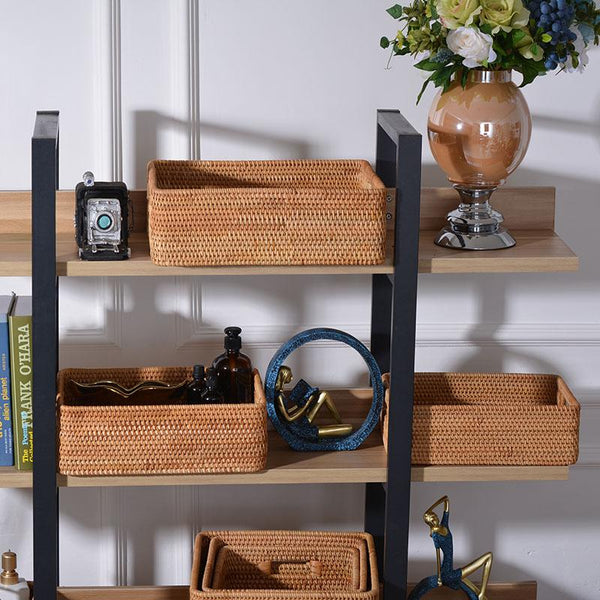 Rattan Storage Baskets for Kitchen, Rectangular Storage Baskets for Pantry, Storage Baskets for Shelves, Woven Storage Baskets for Bathroom-LargePaintingArt.com